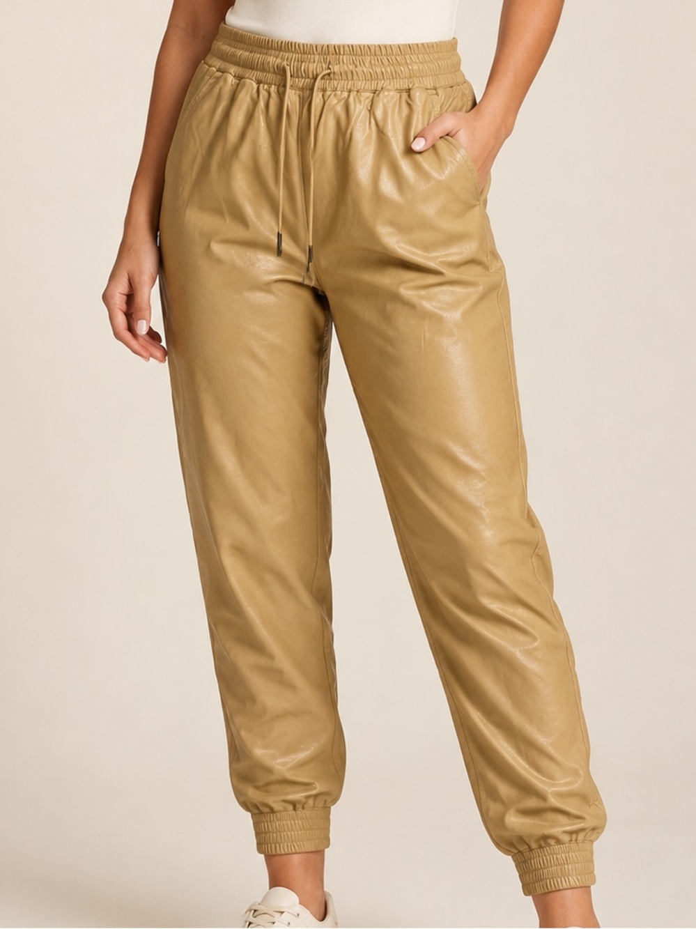 Stella Luce Camel Faux Leather Jogger Pants Size Small - Picture 2 of 16